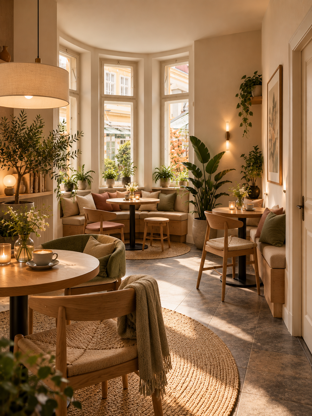 Heller Gastraum mit großen Fenstern und vielen Pflanzen