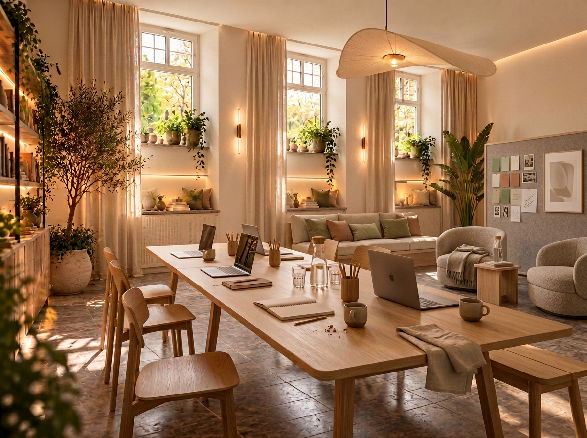 Modernes Café mit langem Holztisch, gepolsterter Sitzbank und Sesseln, einem Aufstellboard mit Karten und Pflanzen – ein Raum für Workshops und Begegnung