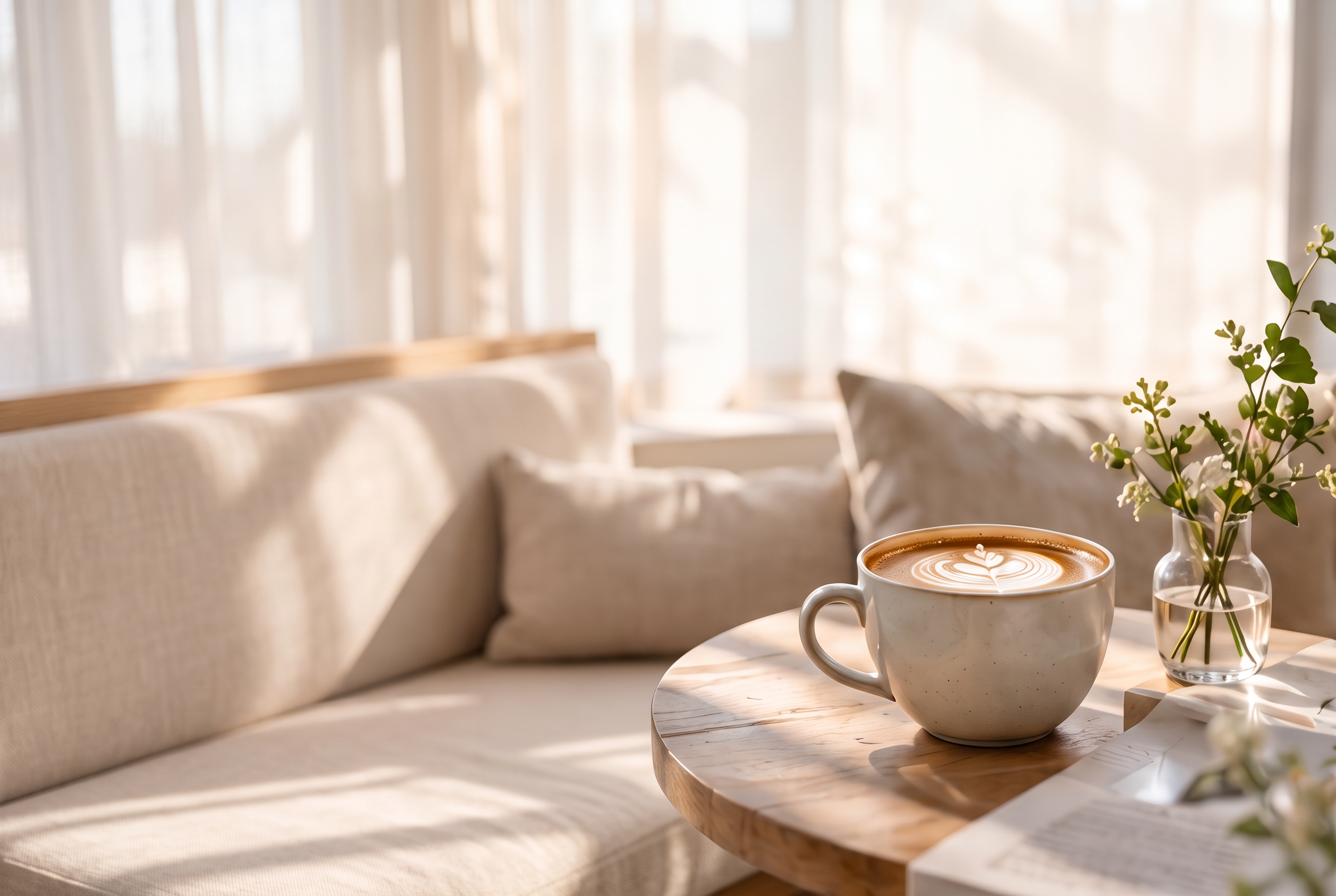 Kaffee auf einem Holztisch im Morgenlicht