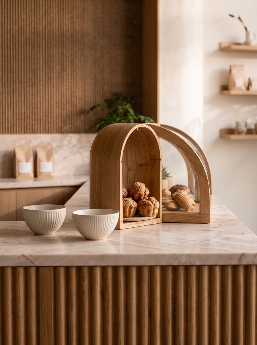 Marmortheke mit Glasglocken aus Holz und Keramikschalen