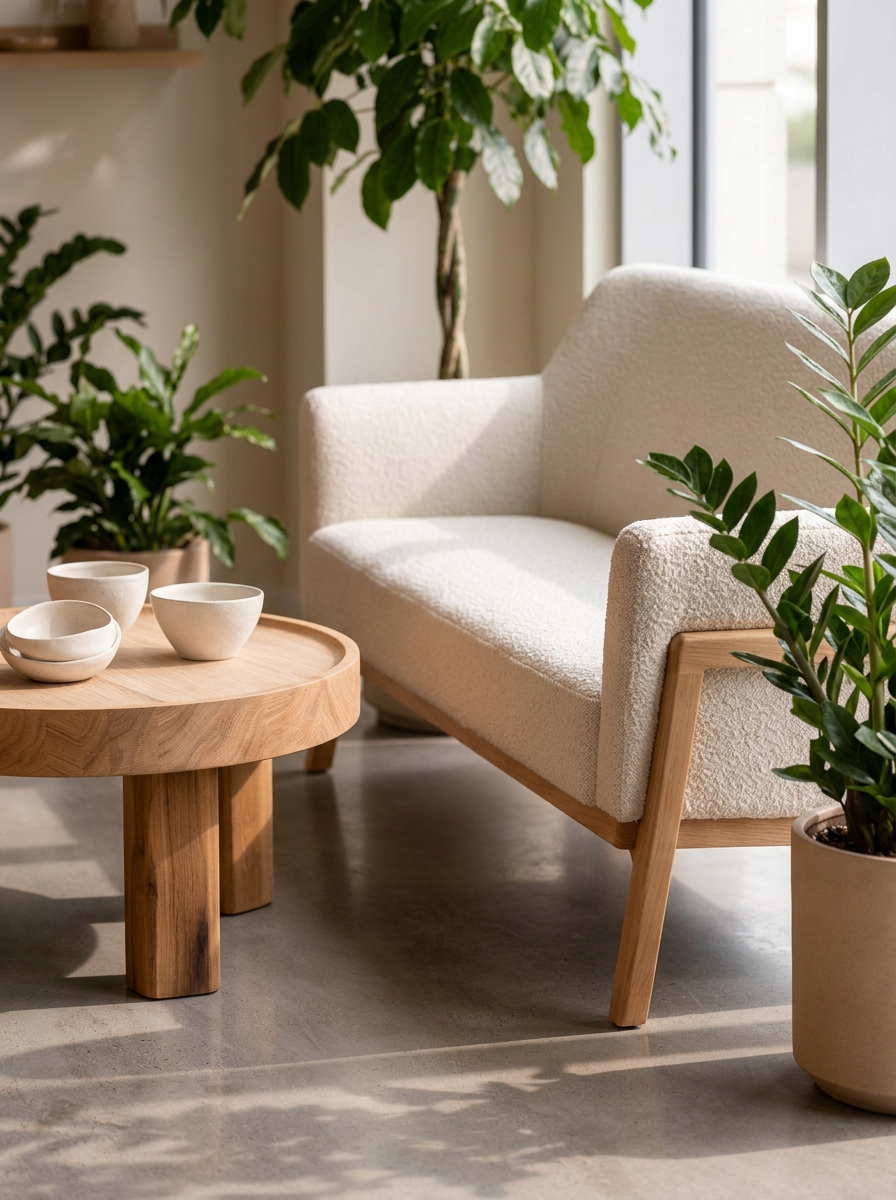 Runder Holztisch vor hellem Sofa mit Pflanzen