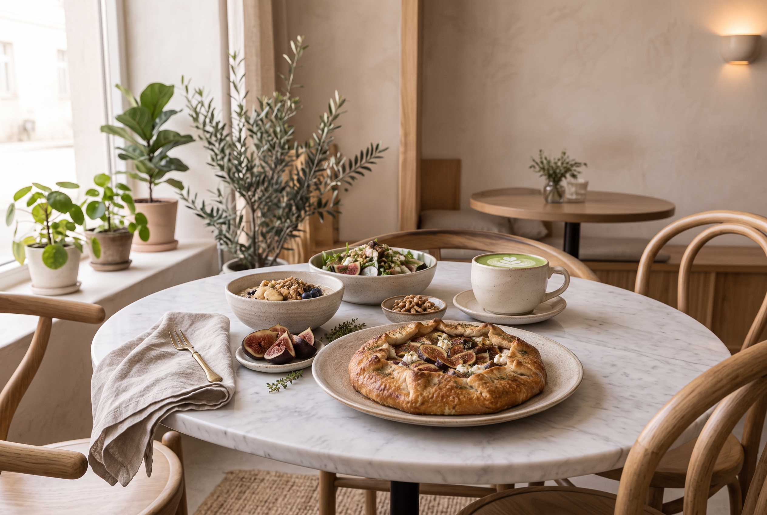 Frische vegetarische Gerichte, Galette, Kuchen und Matchalatte auf einem Café-Tisch